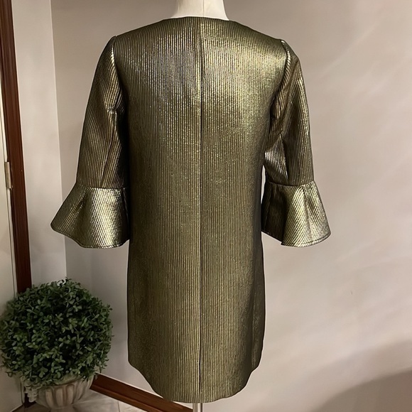BCBG MaxAzria Gold metallic Valari Dress textured stripe XS bell 3/4 sleeves - Picture 3 of 12